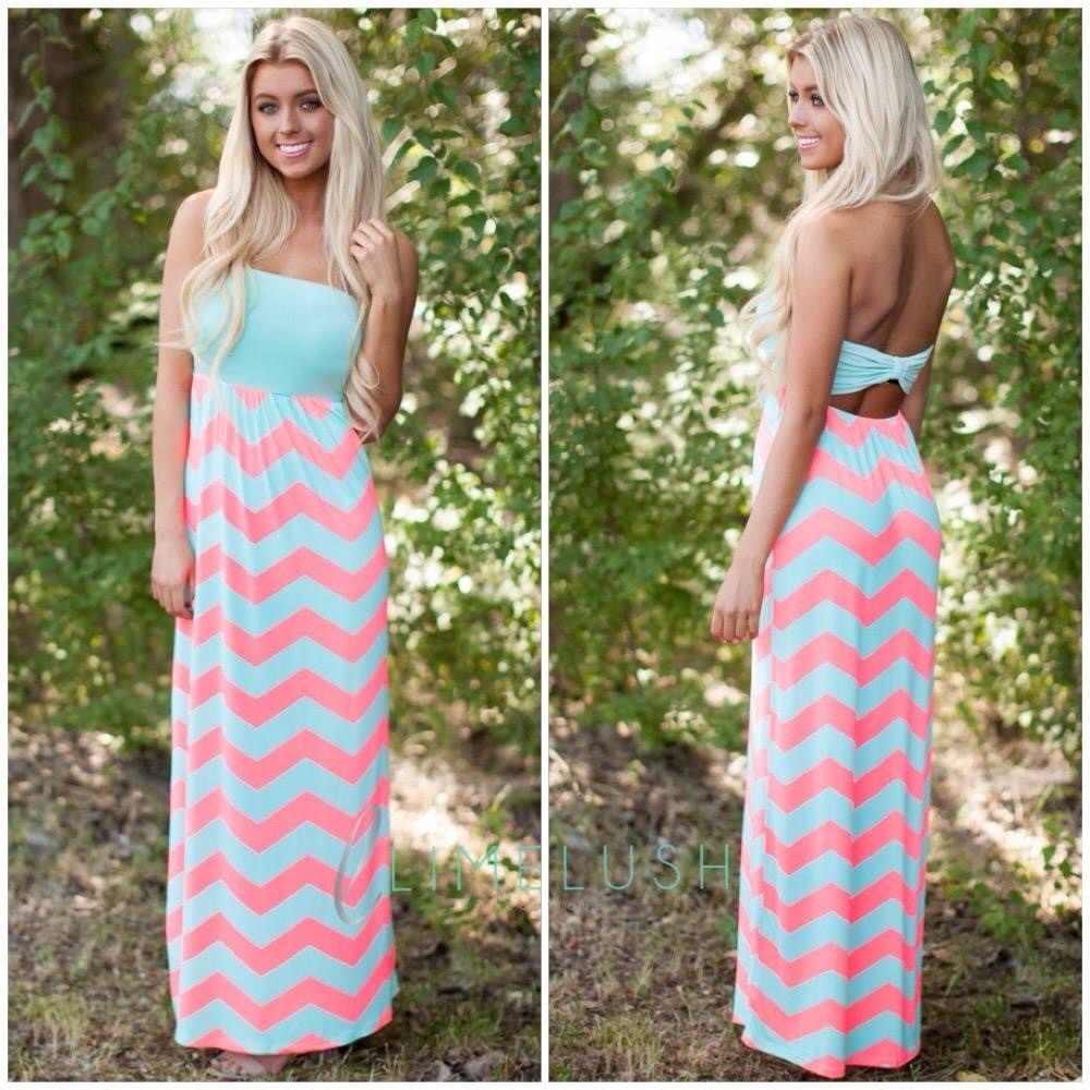 Loila Mint and Neon Pink Chevron Bow Back Maxi (M)